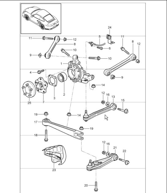 rear axle, wheel carrier, control arm and wheel hub for 997.1 TURBO 2007-09