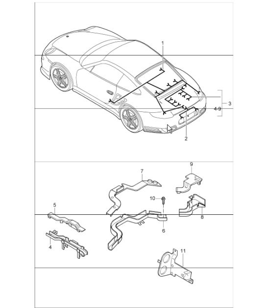 wiring harnesses: rear end, rear lid, license plate light, engine, transmission, repair kits, shock absorber, anti-lock brake system, brake pad wear indicator and rear axle for 997.1 GT2 2007-09