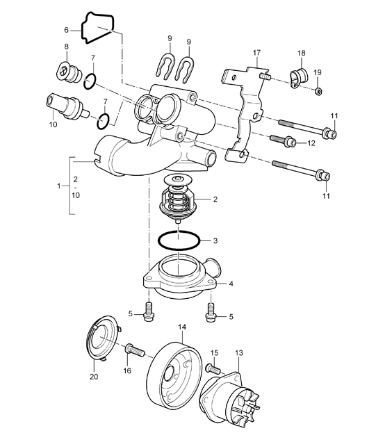 Pompe à eau / boitier thermostat - M02.2Y - 955 Cayenne 2004>>