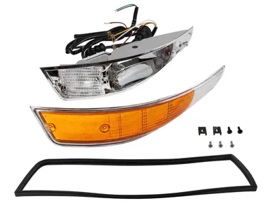 Boîtier de clignotant avant, moulage en aluminium avec lentille, faisceau de câbles et joint. Porsche 911 68-73 - 91163140130, 90163140103, 90163140203, 91163140230 - 1695402270, 1695402280
