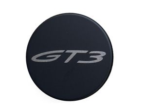Emblema de tapa de bloqueo de rueda central 'GT3', en negro mate. Porsche 991 GT3 - 9P1601349EOK1, 99136120790