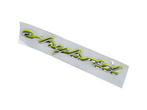 E-HYBRID in Chrome and Acid Green wing badge for Porsche 958 Cayenne HYBRID - 95855949921, 95855949920, 95855950021, 95855950020