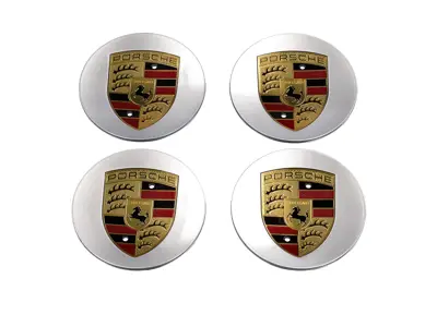 Jeu d'enjoliveurs de roue (4 pièces) concaves avec écusson Porsche coloré, en chrome brillant - 00004460703, 00004460503, 97004460014