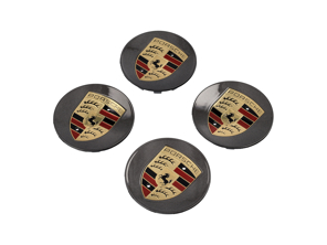 Radkappen in Grau mit farbigem Wappen für Porsche 911 / Cayenne / Panamera / Boxster / Cayman (4er Set) - 00004460705, 97004460012, 00004460604