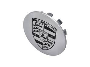 银色车轮盖，带保时捷徽章。保时捷 955 卡宴 - 955361303019A1, 00004460600