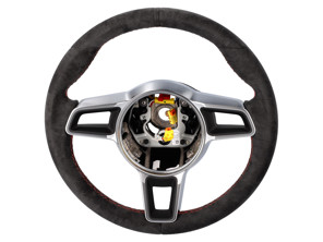 Steering wheel Black Alcantara / Guards Red. Porsche Cayman GT4 - 9P1419091AHRAH, 9P1419091FSRAH