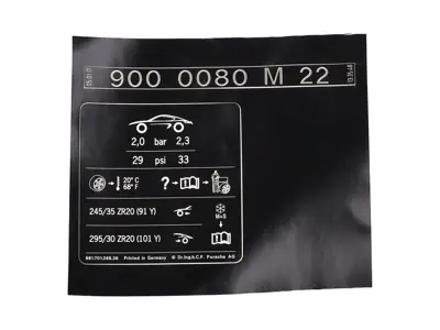 Sticker - Data plate for tyre pressure. Porsche 981 Cayman GT4 2016 - 98170128680, 98170128636