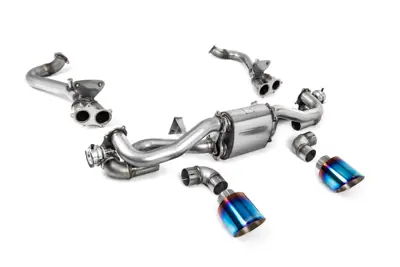 Milltek Sports Exhaust With GPF Bypass And Burnt Titanium Trims. Porsche 718 Cayman GT4 / Boxster GTS 4.0L - 982254351B, 982254351L, 982254351AA, 982254351P, 982254351R, 982254350B, 982254350L, 982254350AA, 982254350P, 982254350R, 982251053F, 982251053H, 982251053K - SSXPO153