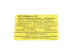 Adesivo/decalcomania dati motore - Mercato australiano. Porsche 993 Carrera 1994-98 - 99300610700, 99300610702, 99300610703, 99300610707, 99300610710