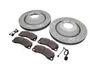 Front brake pads and brake disc package. Porsche Cayman 981 GT4 ABS - 98135140580, 98135140581, 98135140680, 98135140681, 99135194704, 99160918180