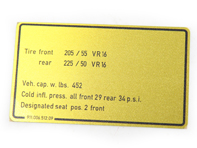 Tyre pressure decal. Porsche 911 Turbo (1976-77) USA - 91100651209
