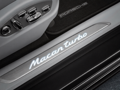 Side Sills Trims in Brushed Aluminium with Logo, Illuminated. Porsche Macan - 95B04480110, 95B04480111, 95B04480112