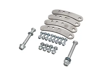 Front strut fork reinforcement plate kit. Porsche 955 Cayenne / 957 Cayenne - 95534304300, 95534304400, 95534304311, 95534304411, 95534304312, 95534304412, 95534304350, 95534304450, 95534304340, 95534304440, 95534304370, 95534304470, 95834304350, 95834304450, 95834304550, 95834304750, 95834304850