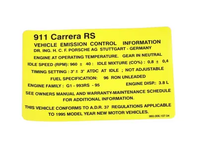 Autocollant pour les spécifications du moteur. Porsche 993 CarreraRS - 99300610704