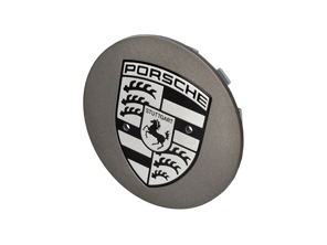 Enjoliveur platine satiné mat avec écusson Porsche. Porsche 992.1 Carrera MKI 2019-24 - 9P1601149OB5, 9P1601149