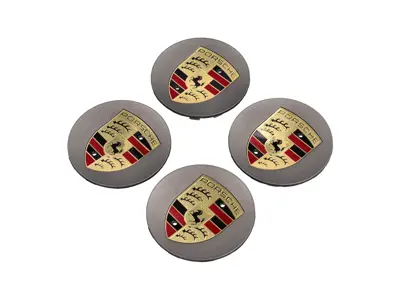 Enjoliveurs platine soie avec écusson pour Porsche (lot de 4) - 99104460021, 00004460533, 00004460723