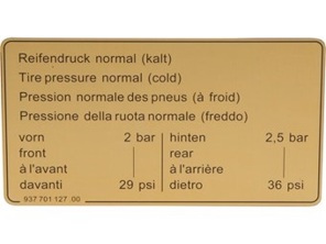 Autocollant Pression des pneus. Porsche911 1984-89 / 924 / 944 - 93770112700 - 1601500906